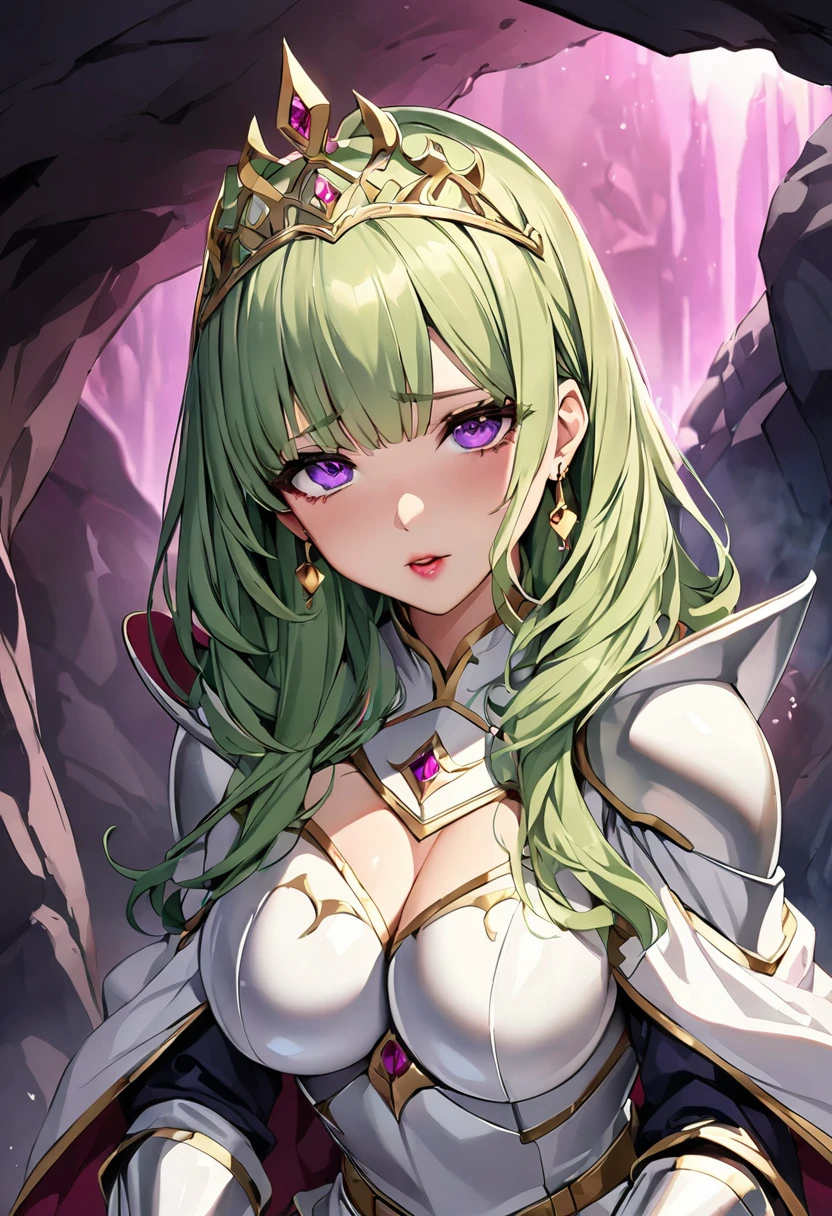 NSFW, masterpiece、highest quality、Ultra-high resolution、Maximum resolution、very detailed、Professional Lighting、anime、Adult women、thin、so beautiful、Beautiful face、Scared、Armored Dress、Pure white full-plate armor、Shiny Armor、pink decoration、Gorgeous tiara、Golden earrings、Frilly Armor、Green Hair、purple eyes、Pink Lips、gold belt、Cape、cave