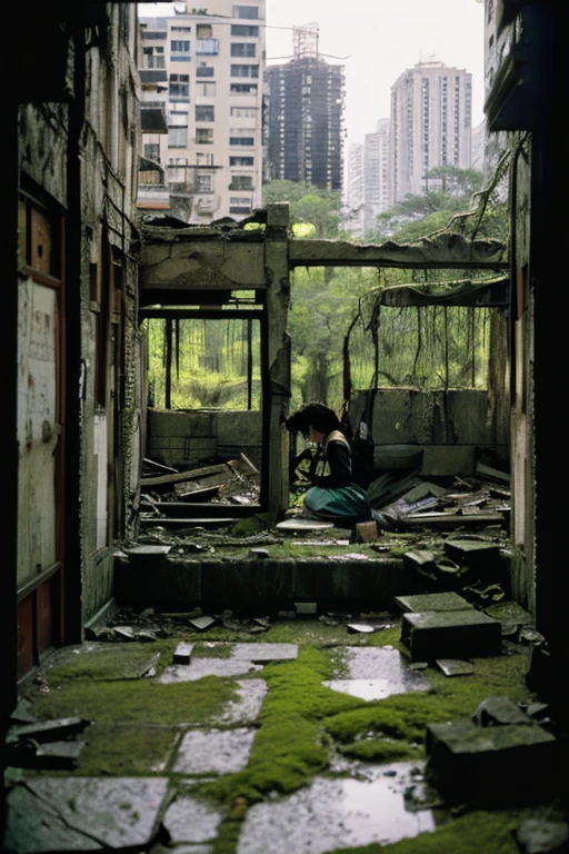 City,moss,Collapse,Devastation,Inside the ruins is narrow,Showa,Glasses,Women,adventure,Black and White,