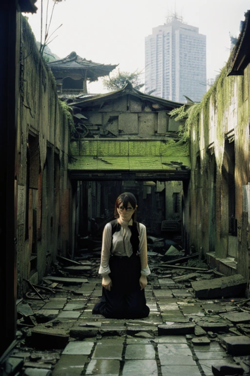 City,moss,Collapse,Devastation,Inside the ruins is narrow,Showa,Glasses,Women,adventure,Black and White,