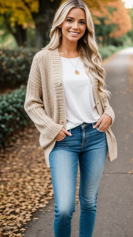 Hyper-realistic and detailed full body photo of a young beautiful smiling blonde woman dressed in a trendy casual autumn outfit. ojos perfectos, (maquillaje de ojo:1.1), (piel muy detallada:1.1), crudo, analog style, sharp focus, 8k hd, DSLR, alta calidad, Fujifilm XT3, Grano, premiado, Obra maestra.