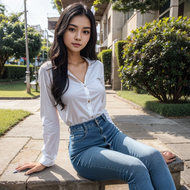 Sweet beautiful Bogor city girl, georgeus face, 22 years old, slim body, wavy black hairs, wearing blue jeans skirt, wearing long sleeve white buttoned dress, wearing high heels, very realistic, very detail, in the sunny morning,