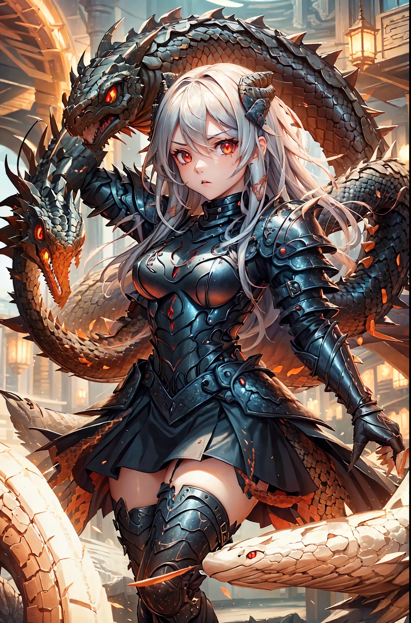 A girl wearing black armor. she is harsh. red eyes. (Two snakes intertwined). Dragon motif armor.