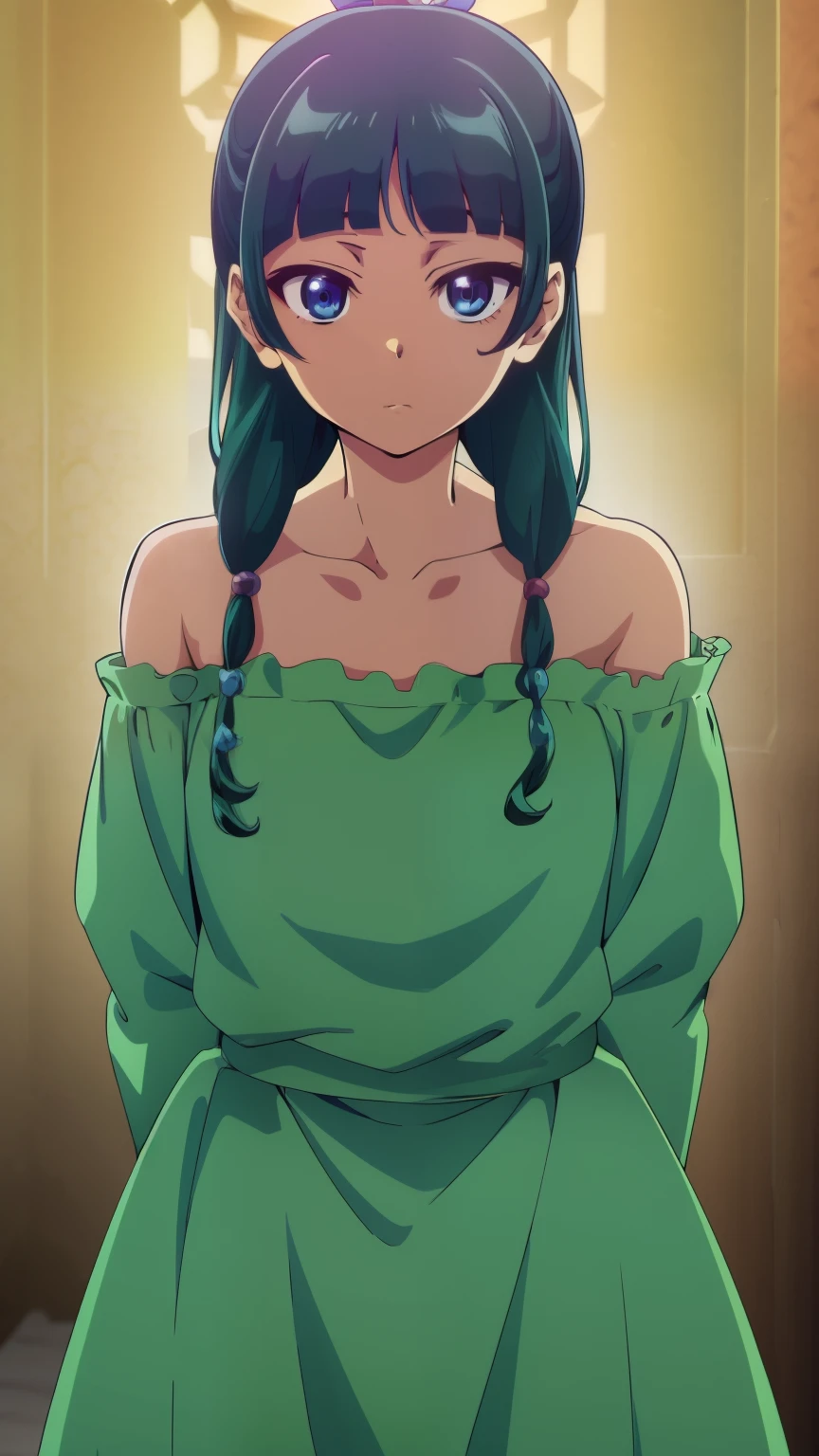 (best quality, 8K, high resolution, masterpiece:1.2), anime art style, Mao Mao, solo girl, blunt bangs, green hair, long hair, blue eyes, teenage style, large medium breasts, twin braids, shoulder hair, hair beads, half-up, single hair, hair ribbon, blue ribbon, alone, looking at viewer , in the center of the image, a cowboy shot,
(party dress), beautiful fingers, beautiful long legs, beautiful body, beautiful character design, perfect eyes, perfect face, expressive eyes,