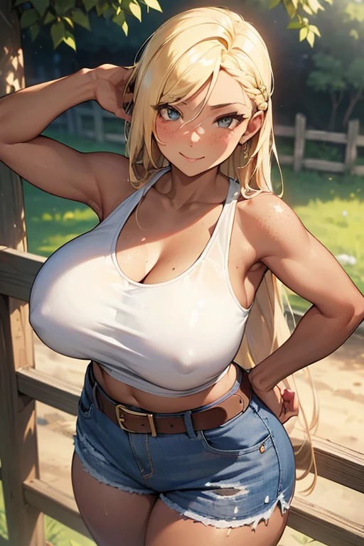 (((SHARP detail perfect face))), (nice hips), detailed skin, ((masterpiece)), best quality, (SHARP details), 4k, ((farmgirl)), (((farm))), (loose tank top),  ((white tank top)), ((blonde hair)), sweat, ((huge breasts)), amber eyes, looking at viewer, ((long hair)), ((denim hotpants)), (hay), outdoors, solo, (asymmetric hair), (freckles), ((tanned)), ((wide hips)), slightly toned, (smiling), mature, motherly MILF, ((leather belt)), (fence), good colors, good lighting, (seducing viewer), lewd, big ass, dark skin, braid,