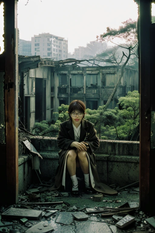 City,moss,Collapse,Devastation,Inside the ruins is narrow,Showa,Glasses,Women,adventure,Black and White,