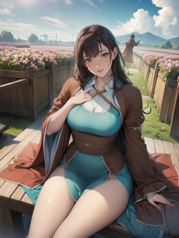 (highest quality, masterpiece), Turquoise Screen Filter, (One girl, alone, Brown robes, expression, look up, Sitting, Wide sleeves, Iris, Mouth closed, Long Hair, Cowboy Shot), (sunny, Cosmos field, cloud),