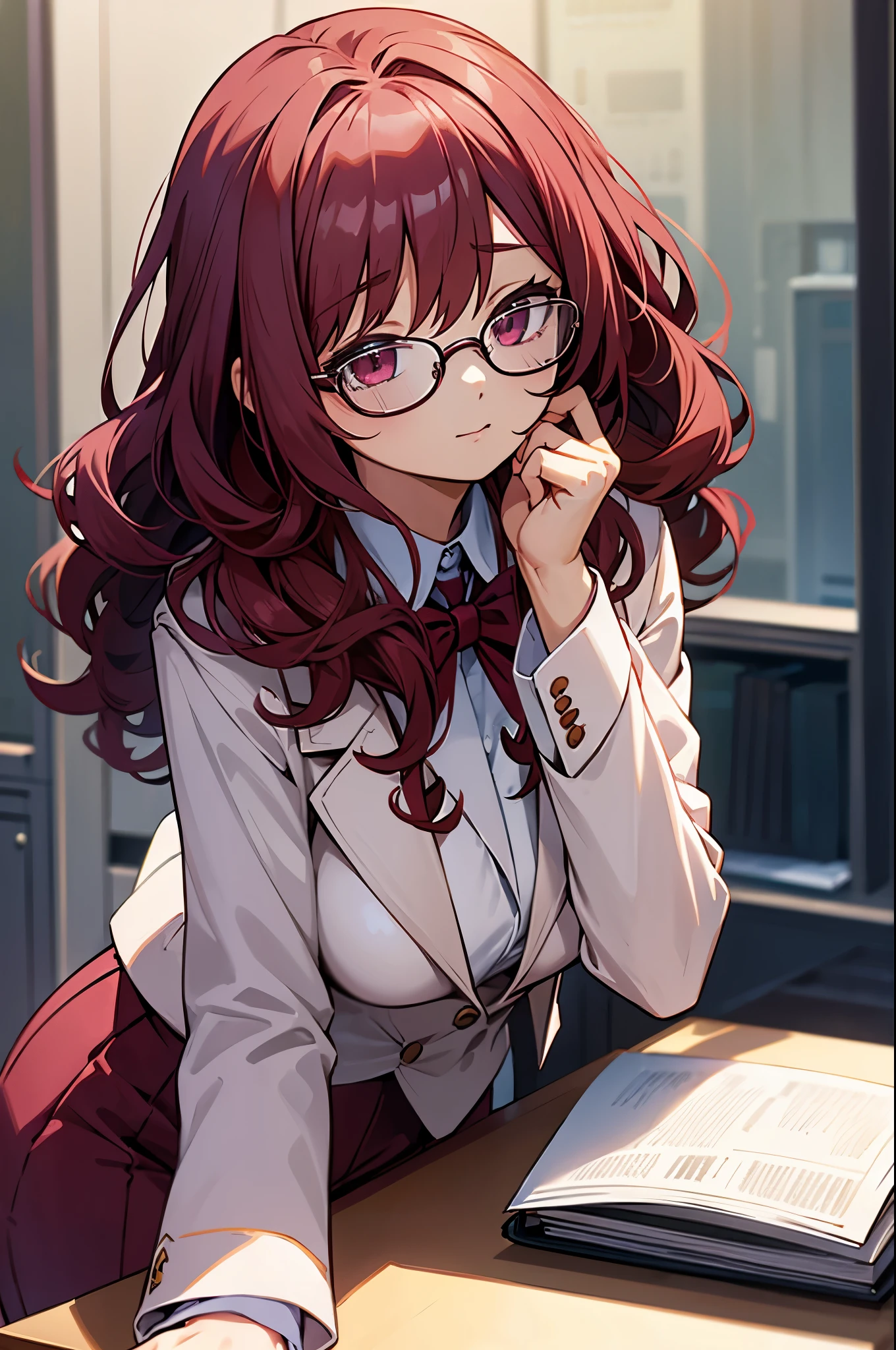 anime girl, glasses, burgundy curly hair, white business suit, at a desk