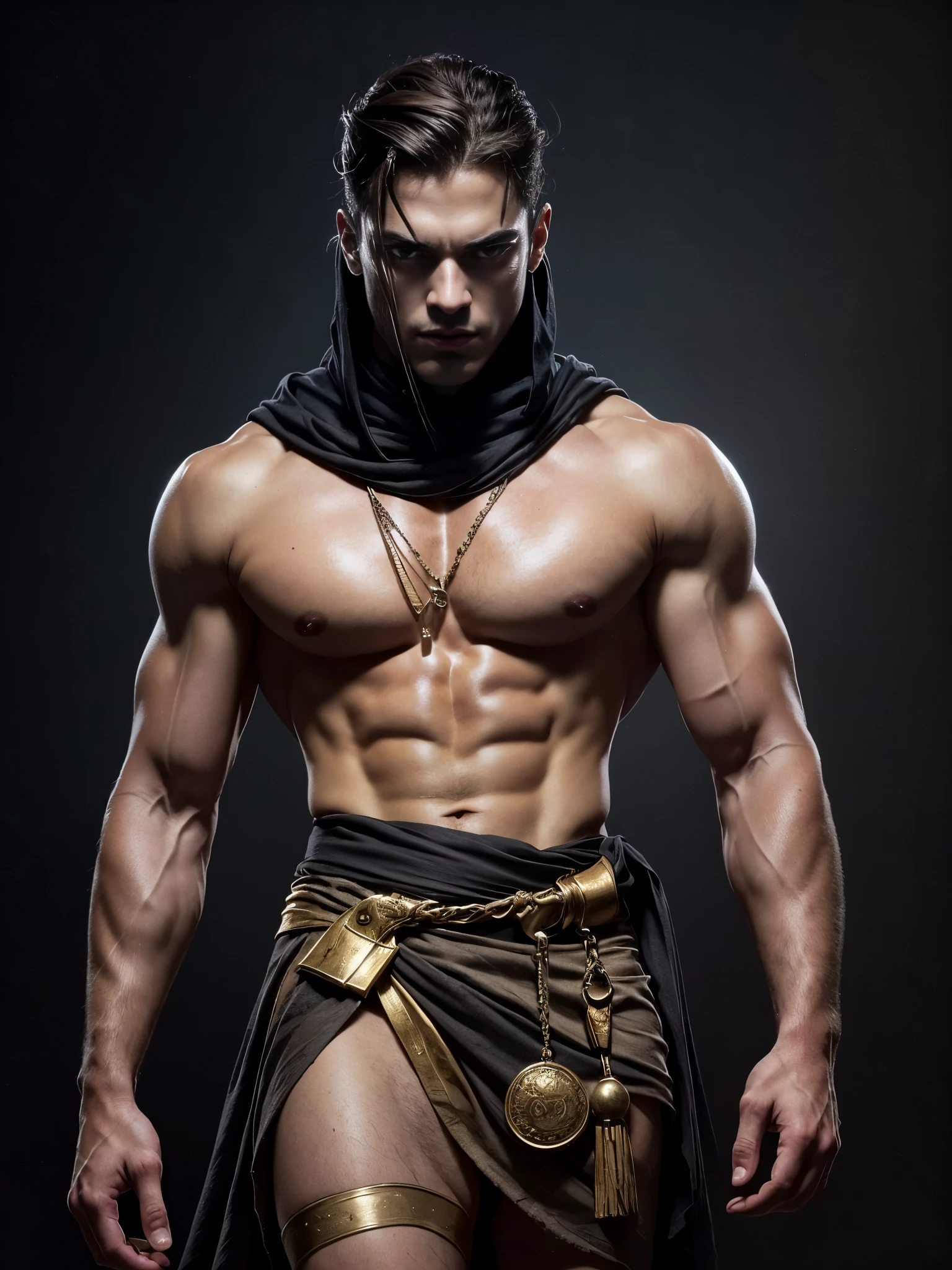Photorealistic, ((best quality)), ((masterpiece)), (detailed), Egyptian god Anubis, masculine portrait of god Anubis, personification of Anubis, (evil look:1.2), 18-year-old male model, handsome, tall, cute looking, evil look, dark look powerful, young male model, handsome mythical creature, super strong, muscular, fit, massive muscles, six pack, clean shave, blue eyes. (short straight brown hair:1.4), short messy hair, messy wavy hair, shirtless, barechested, muscle, ripped, strong body, fit body, ancient linen eqyptian small skirt, (antique black linen raped cloth skirt:1.3) (Dark background) 8k, high detailed, ultra-detailed, Stylish Pose, real skin texture, dark cinematic lighting, (Emerging from the desert sand:1.4) with a threatening attitude.