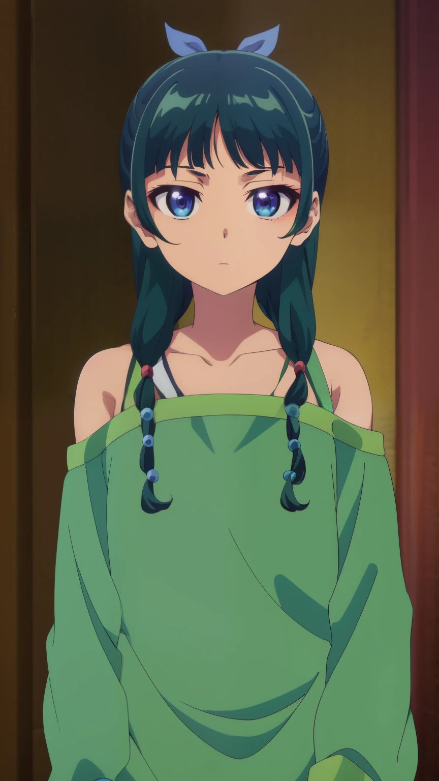 (best quality, 8K, high resolution, masterpiece:1.2), anime art style, Mao Mao, solo girl, blunt bangs, green hair, long hair, blue eyes, teenage style, large medium breasts, twin braids, shoulder hair, hair beads, half up, single hair, hair ribbon, blue ribbon, alone, looking at viewer , in the center of the image, a cowboy shot,
beautiful fingers, beautiful long legs, beautiful body, beautiful character design, perfect eyes, perfect face, expressive eyes,