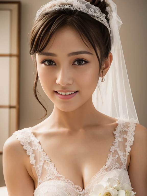 (1girl), ponytail, Extremely cute face, Amazing face and eyes, (Highly detailed eyes, Highly detailed face), fresh, Very clean appearance, (Hyper-realistic, hight resolution), (Best Quality:1.4), (hyper quality), Authentic skin texture, Raw photo, (Realistic, Photorealsitic:1.37), highly detailed, Professional Photography, (beautiful lace bridal dress:1.5), (lace bridal dress with open front), (cleavage:1.2), (Bare shoulders), Smile slightly, (Staring at me), luxury living room,