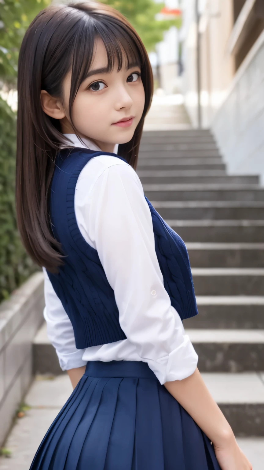 Best-quality, Masterpiece, Ultra-High-Resolution, (Photorealistic:1.4), Raw-Photo, depth of field, professional-lighting, (((from bottom, upturned ass))), 1girl, 15-years-old, the most famous Japanese idol, at school stairway, solo, wearing navy-blue pleated skirt on lower-body and white-blouse under navy-blue sweater-vest on upper-body, blush, looking back, looking down, looking at viewer, (extremely cute face, ((extremely cute and extremely big eyes)), extremely cute hairstyle, realistic-skins), extremely beautiful thighs, ((detailed white-panties):0.8), detailed navy-blue-pleated-skirt, detailed navy-blue-sweater-vest