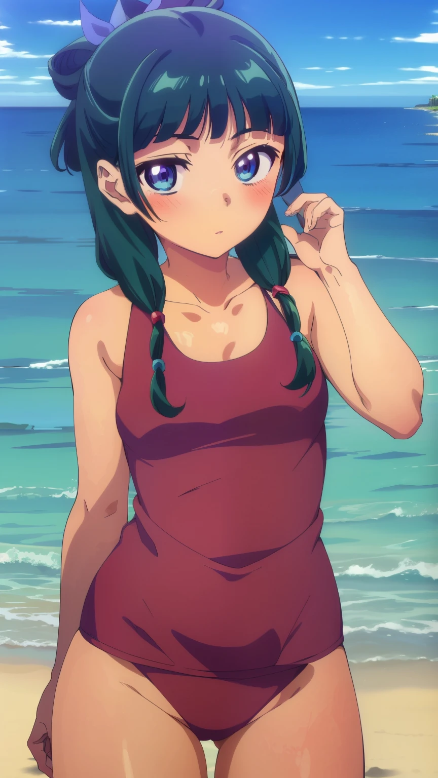 (Best Quality, 8K, High Resolution, Masterpiece: 1.2), Anime Art Style, Mao Mao, Solo Girl, Blunt Bangs, Green Hair, Long Hair, Blue Eyes, Teenage Style, Shoulder Hair, Half Up, Single Hair, Bun hair, alone, (swimsuit, beach, blush) looking at viewer, image center, cowboy shot,
Beautiful fingers, beautiful long legs, beautiful body, beautiful character design, perfect eyes, perfect face, expressive eyes,