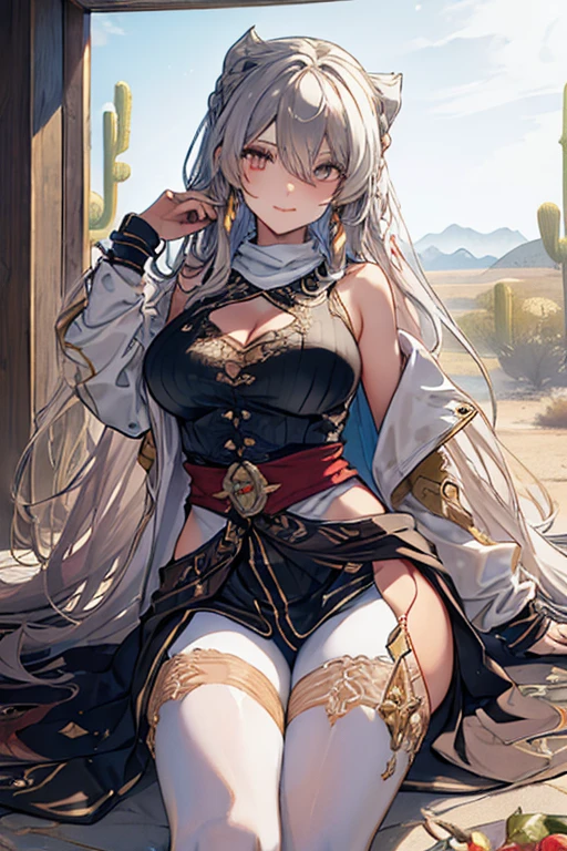 ((in a desert:1.5)), a matured woman with long hair and a white outfit, (resting in oasis:1.2), artwork in the style of guweiz, bodyesbian, fine details. girls frontline, beautiful anime illustration, from girls frontline, stunning, 21 years old, (solo:1.5), (sfw:1.25), beautiful breast, medium breasts, Amazing Cleavage, thin waist, big ass, Raised sexy, (dark mahogany medium long hair, updo, hair over one eye, asymmetric hair, Carly hair, low tied),(Headscarfs, hair bands, head vandage, Turban), (ultra high resolution, 8K RAW photo, photo realistics, weak outline:1.3, clear focus), best qualtiy, natural lighting, field depth, (Bright pupils, detailed beautiful eyes, high detailed face), Red lip, looking at viewers, (tight focus:1.2, from below), sexy posing, seductive weak smiling, center image, (wearing white long jacket and clothes, wearing short pants, gold ornaments, white clothes rolling around waist, camel-brown long leather boots, translucent lace pantyhose), ((correct anatomy:1.5)), ((outdoor:1.2)),