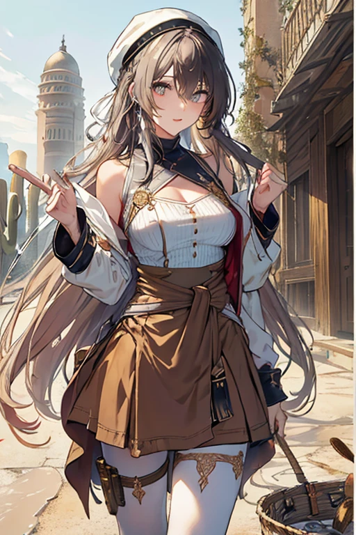 ((in a desert:1.5)), a matured woman with long hair and a white outfit, (resting in oasis:1.2), artwork in the style of guweiz, bodyesbian, fine details. girls frontline, beautiful anime illustration, from girls frontline, stunning, 21 years old, (solo:1.5), (sfw:1.25), beautiful breast, medium breasts, Amazing Cleavage, thin waist, big ass, Raised sexy, (dark mahogany medium long hair, updo, hair over one eye, asymmetric hair, Carly hair, low tied),(Headscarfs, hair bands, head vandage, Turban), (ultra high resolution, 8K RAW photo, photo realistics, weak outline:1.3, clear focus), best qualtiy, natural lighting, field depth, (Bright pupils, detailed beautiful eyes, high detailed face), Red lip, looking at viewers, (tight focus:1.2, from below), sexy posing, seductive weak smiling, center image, (wearing white long jacket and clothes, wearing short pants, gold ornaments, white clothes rolling around waist, camel-brown long leather boots, translucent lace pantyhose), ((correct anatomy:1.5)), ((outdoor:1.2)),
