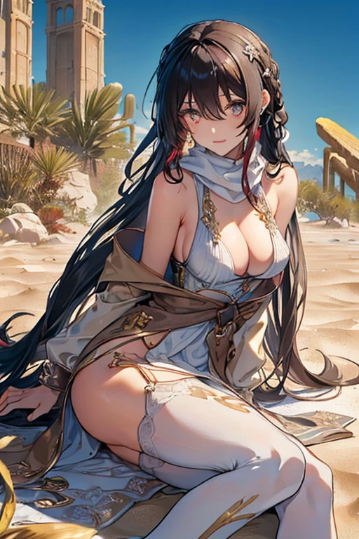 ((in a desert:1.5)), a matured woman with long hair and a white outfit, (resting in oasis:1.2), artwork in the style of guweiz, bodyesbian, fine details. girls frontline, beautiful anime illustration, from girls frontline, stunning, 21 years old, (solo:1.5), (sfw:1.25), beautiful breast, medium breasts, Amazing Cleavage, thin waist, big ass, Raised sexy, (dark mahogany medium long hair, updo, hair over one eye, asymmetric hair, Carly hair, low tied),(Headscarfs, hair bands, head vandage, Turban), (ultra high resolution, 8K RAW photo, photo realistics, weak outline:1.3, clear focus), best qualtiy, natural lighting, field depth, (Bright pupils, detailed beautiful eyes, high detailed face), Red lip, looking at viewers, (tight focus:1.2, from below), sexy posing, seductive weak smiling, center image, (wearing white long jacket and clothes, wearing short pants, gold ornaments, white clothes rolling around waist, camel-brown long leather boots, translucent lace pantyhose), ((correct anatomy:1.5)), ((outdoor:1.2)),
