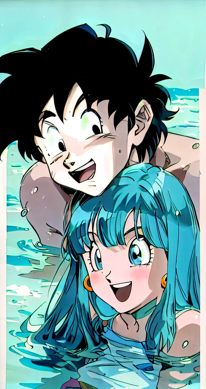 anime characters in the water with a man and a woman, urusei yatsura, bulma de dragon ball, color manga scan, by Akira Toriyama, por Rumiko Takahashi, Estilo de arte de anime dos anos 90, color manga panel, casa ikkoku, manga scans, Estilo de anime dos anos 90, Estilo anime dos anos 90