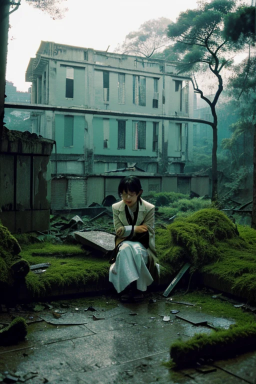 City,moss,Collapse,Devastation,Inside the ruins is narrow,Showa,Glasses,Women,adventure,Black and White,