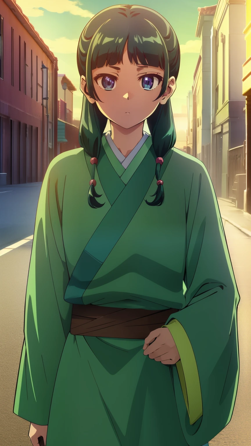 Cat,1 girl,Blunt bangs,Green Hair,Long Hair,blue eyes,alone,
Twin Blade,Shoulder hair,Hair Beads,Half Up Hair,Green kimono,Long sleeve,Wide sleeves,Purple Skirt,Casual clothing,Busy Street,
beautiful Finger,beautiful long legs,beautiful body,beautiful character design, Perfect Eyes, Perfect face,Expressive eyes, Looking at the audience, Center the image,(Head to Knee), Official Art,High Definition CG Unity, Perfect Lighting, bright_front_face_Lighting, (Tabletop:1.0),(Highest_quaLightingy:1.0),4K,Very detailed, photograph, 8k, Hmph, High resolution, Absurd:1.2, Kodak Portrait 400, Film Grain, Lens flare, (Vibrant_color:1.2) (beautiful,Medium chest:1.4), (beautiful_face:1.5),(narrow_Waist),
