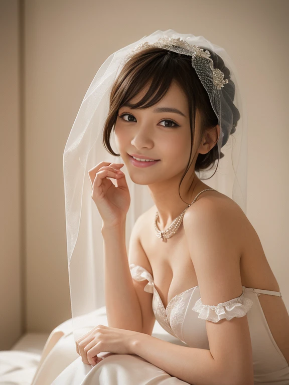 (masutepiece), Best Quality, Highest Quality, Highly detailed CG Unity 8k wallpaper, Original, High resolution, (depth of fields: 1.5), fidelity: 1.3, breasts, Bride portrait style, 1 girl, drapes, veils , Bridal Veil, sheer wedding dress, drapes, Jewelry, Solo, earrings, tusk, bride, Black_hair