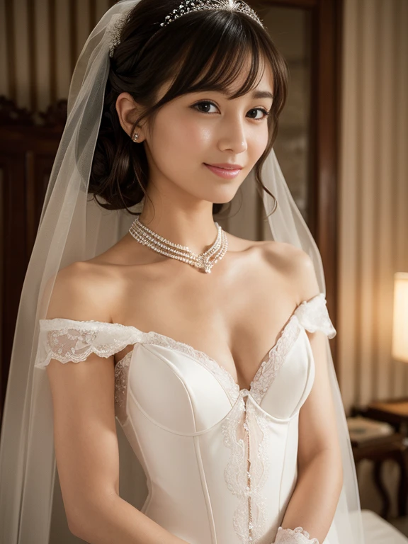 Young girl in wedding dress and updo, Off-shoulder neckline, and a long veil. her face is young and innocent, small breasts. She looks at the camera with a playful expression. Detailed artwork with vivid illustrations, Realistic colors, Capture every detail. The medium of digital painting, Guaranteed best quality and high resolution (4K or 8K). soft and romantic lighting, creating a dream-like atmosphere. The overall color is warm and gentle................, Highlight the joy and beauty of your wedding scene.frontage、full body Esbian、A smile