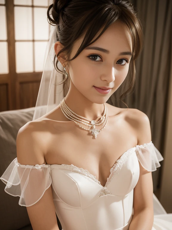 Young girl in wedding dress and updo, Off-shoulder neckline, and a long veil. her face is young and innocent, small breasts. She looks at the camera with a playful expression. Detailed artwork with vivid illustrations, Realistic colors, Capture every detail. The medium of digital painting, Guaranteed best quality and high resolution (4K or 8K). soft and romantic lighting, creating a dream-like atmosphere. The overall color is warm and gentle................, Highlight the joy and beauty of your wedding scene.frontage、full body Esbian、A smile