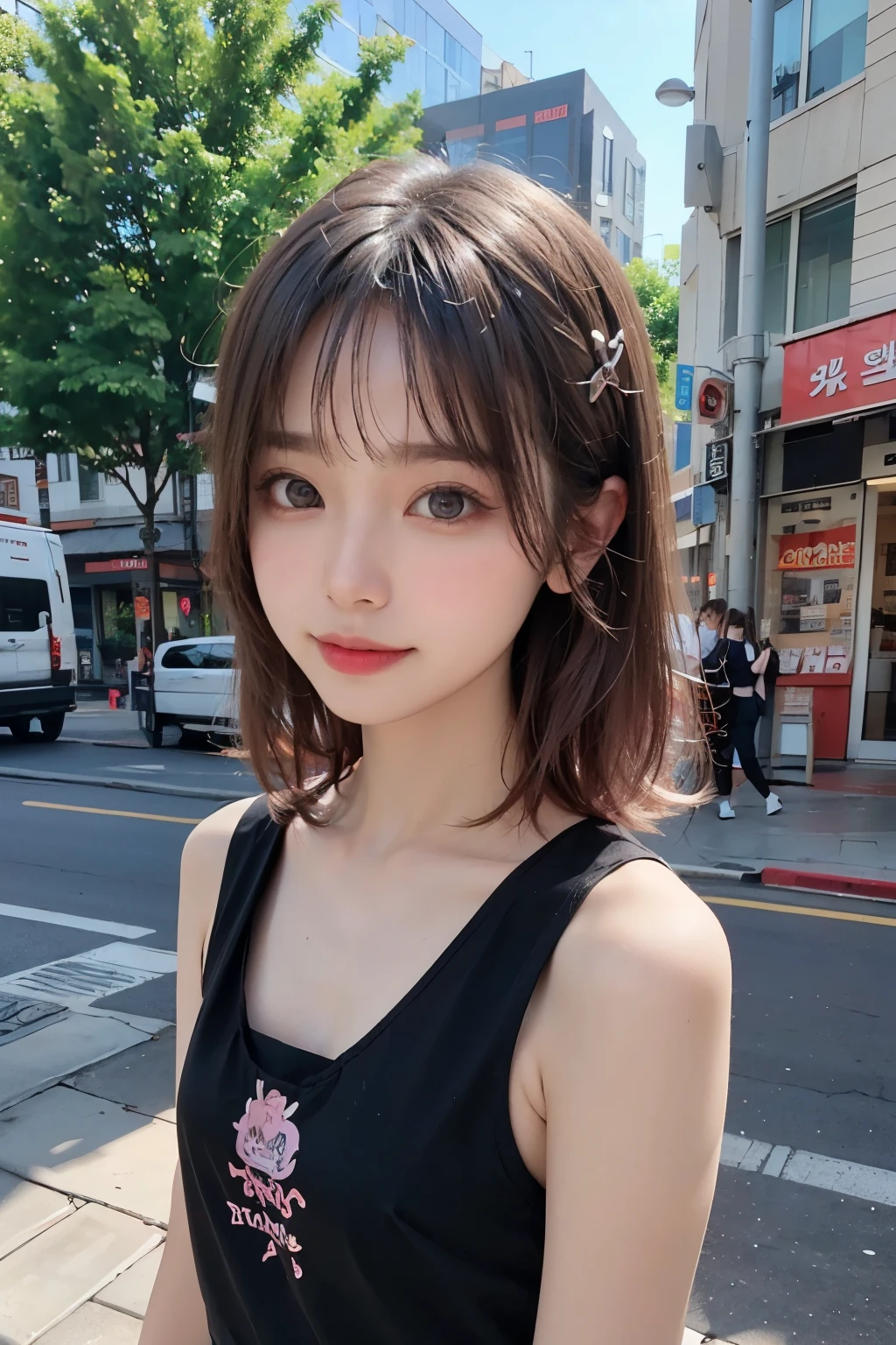 ​masterpiece、1 beautiful girl、A detailed eye、Puffy eyes、top-quality, 超A high resolution, (Realisticity: 1.4), OriginalPhotographs,cinematlic lighting,slender、(A hyper-realistic)、(hight resolution)、(16K)、(ighly detailed),(ultra-detailliert)、（A detailed face）、looking at viewer,smiling、Facing straight ahead、Black colored eyes、the body is facing forward、Vivid street trees、Hair color is brown、short-cut、Korean junior high school  girl、The background is a group of urban buildings、The costume is T-shirt or sleeveless dress,kpop Idol star,beautiful girl,Flat Chest,Small Bust,Small Ass,Small waist,Are thin,Slim figure,Light pink underwear,String underwear bikini,Beautiful and cute eyes with narrow, sharp angles,Beautiful Hair,Pink silver hair,