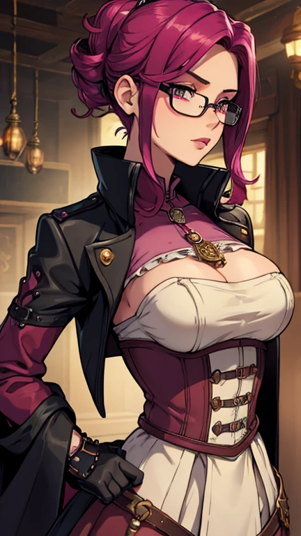 best quality, masterpiece, fuchsia_hair, steampunk_dark_glasses, noble_steampunk_dress, looking_down, upper_body, hair_strand, Fair_skin, short_hair