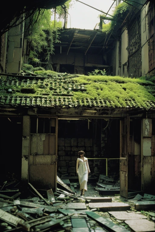abandoned ruins,Sexy standing pose,full-body portraits(1:1),18 years old girls,Slender and slender figure,Skinny,As thin as a whipping post,Smaller bust,The barefoot,Random nudity all over the body,exhibitionists,Random exposure of genitals,face to the viewer