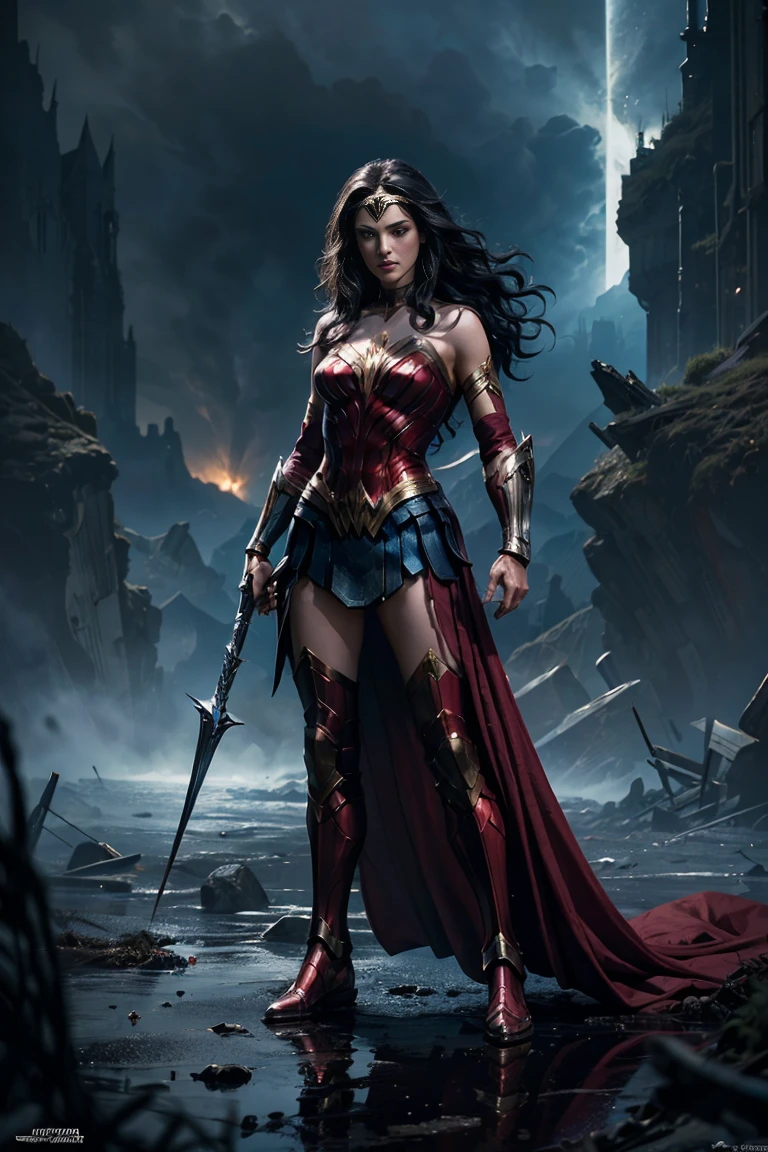 ((Full body photo,standing, feet on the ground)) a scene from a movie Expansive landscapes dark fantasy image full - length dark force dominated evil superheroine alias Wonder Woman alliance action scene, dramatic, cinematic style, Ethereal landscapes, Vibrant colors, Intricate details