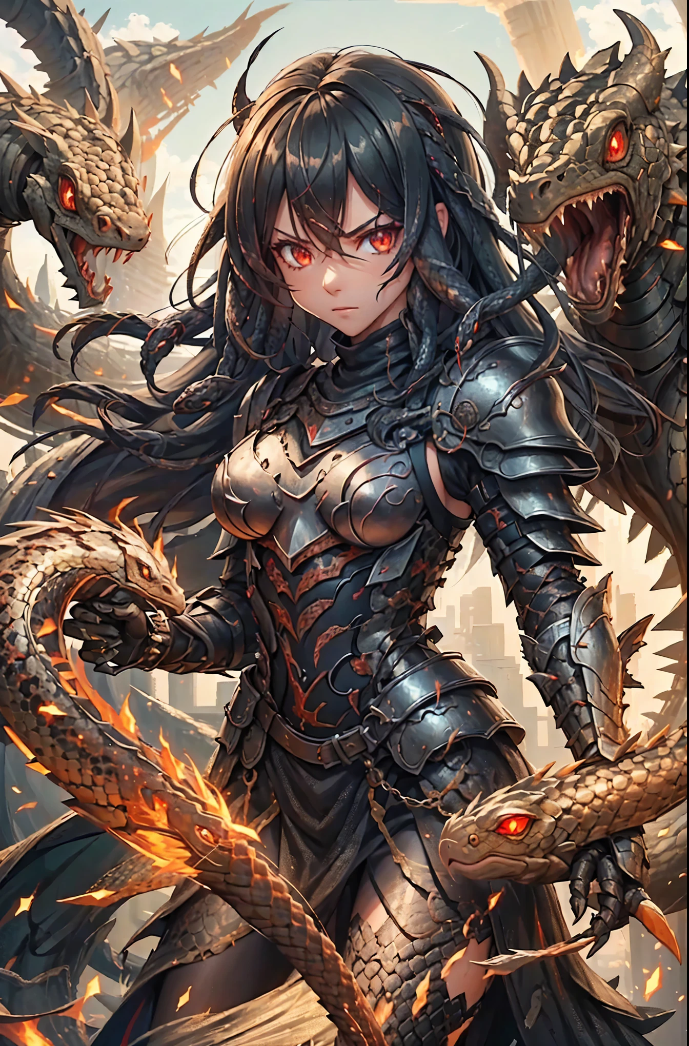 A girl wearing black armor. she is harsh. red eyes. (Two snakes intertwined). Dragon motif armor.