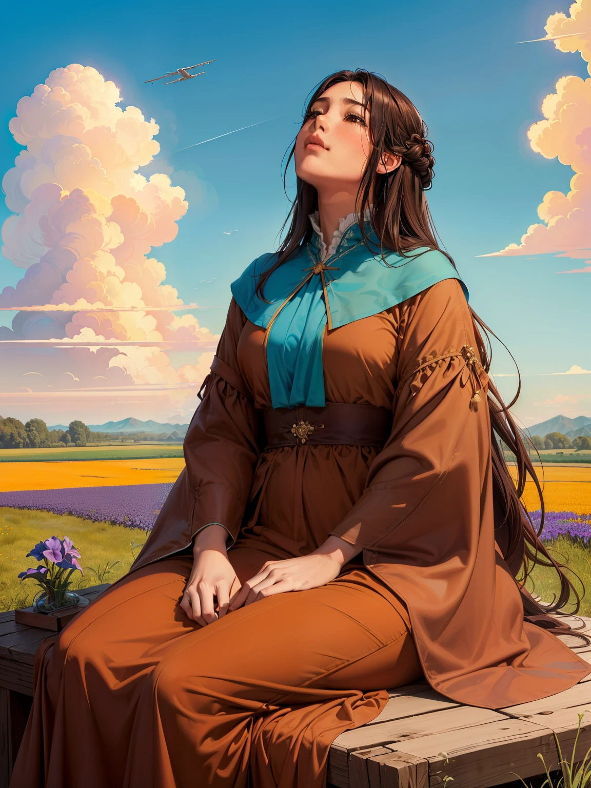 (highest quality, masterpiece), Turquoise Screen Filter, (One girl, alone, Brown robes, expression, look up, Sitting, Wide sleeves, Iris, Mouth closed, Long Hair, Cowboy Shot), (sunny, Cosmos field, cloud), ((「What is there in the sky we look up at?？」))