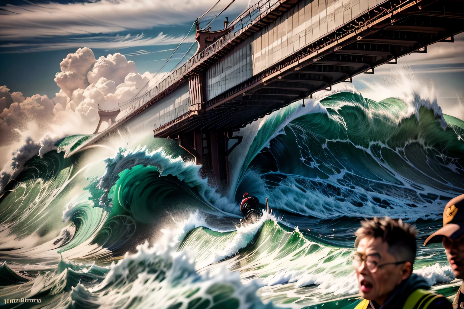 people are watching a large wave of water crashing over a bridge, pulitzer prize for photography, pulitzer prize winning photo, disaster photography, impressive winning photo, very famous photo, viral photo, powerful photo, beautiful image ever created, winner of the year's best photo, journalistic photo, amazing depth, by Wang Yi, tsunami, famous photo, national geographic photo”