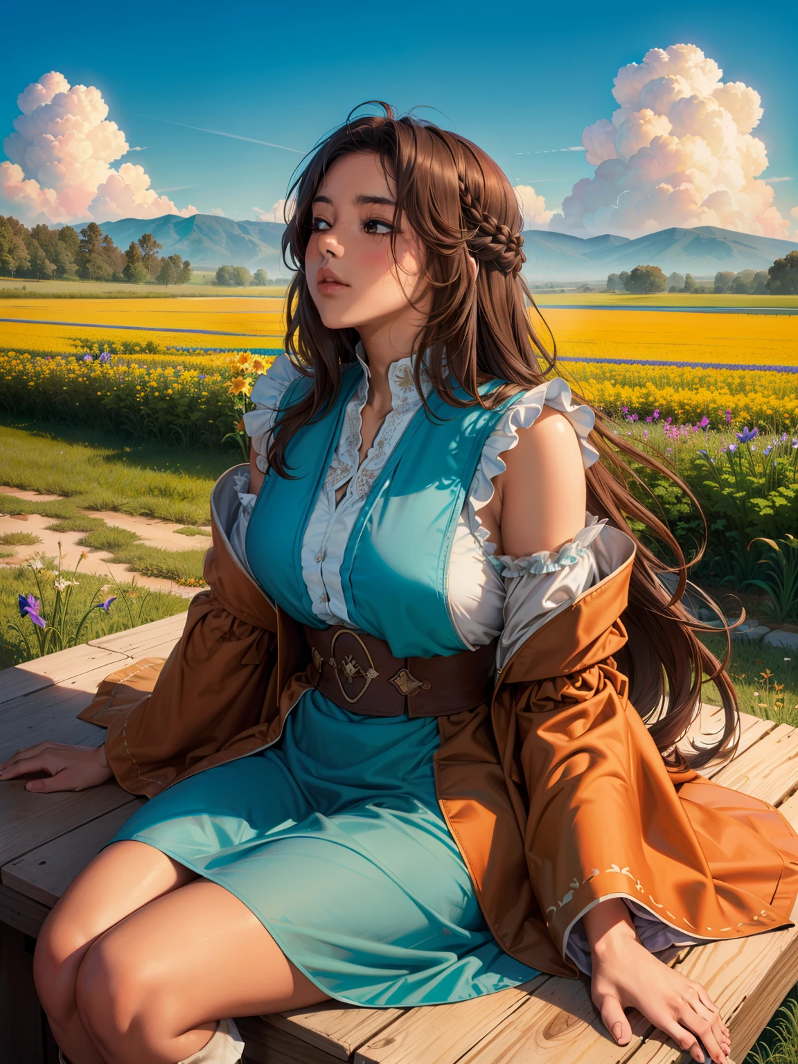 (highest quality, masterpiece), Turquoise Screen Filter, (One girl, alone, Brown robes, expression, look up, Sitting, Wide sleeves, Iris, Mouth closed, Long Hair, Cowboy Shot), (sunny, Cosmos field, cloud),