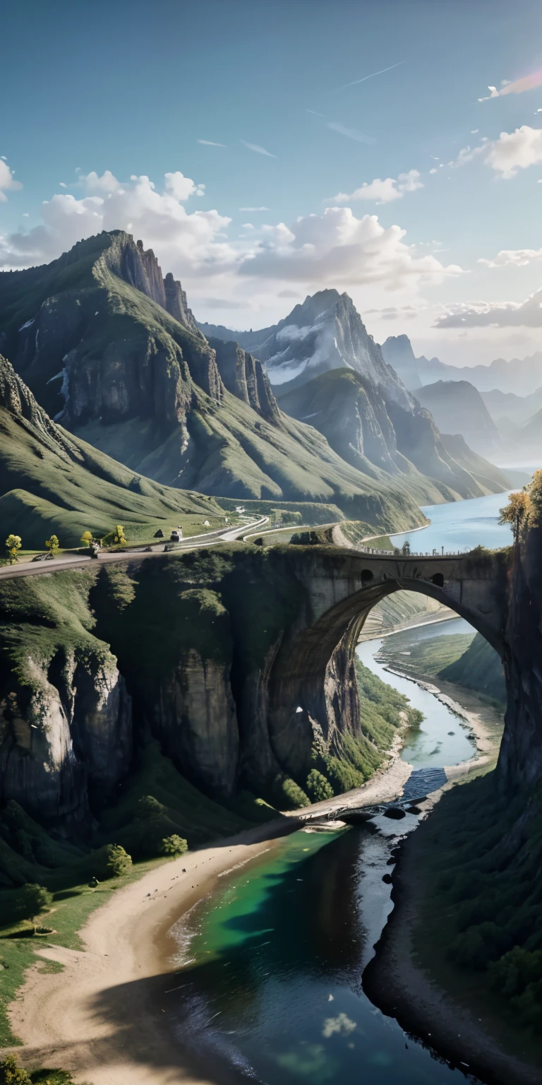 Masterpiece, Top quality, High quality, Highly detailed CG unity 8k wallpaper, Scenery, Outdoors, Sky, Clouds, Sun, No people, Mountains, Scenery, Water, Trees, Blue sky, Waterfalls, Cliffs, Nature, Lakes, Rivers , cloudy sky, award-winning photography, bokeh, depth of field, HDR, bloom, chromatic aberration, photorealistic, highly detailed, artstation trend, CGsociety trend, complex, high detail, dramatic, on the road art