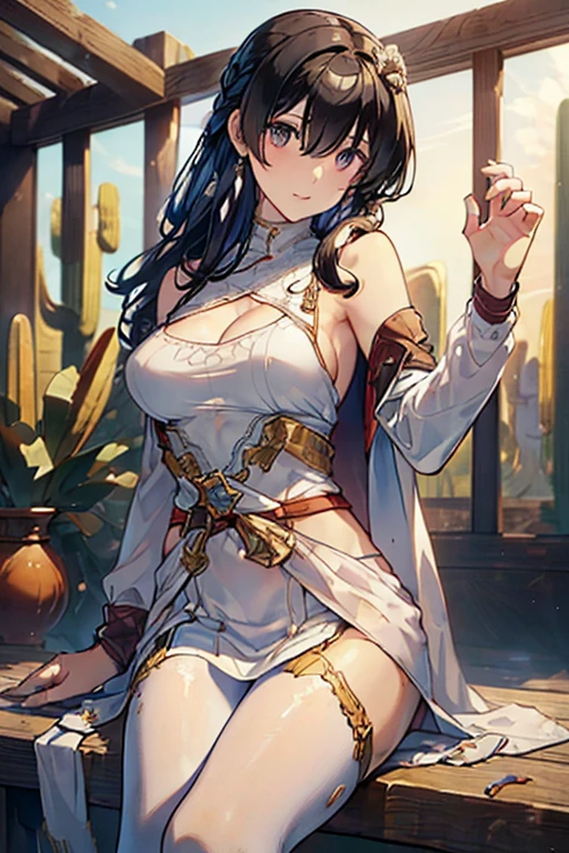 ((in a desert:1.5)), a matured woman with long hair and a white outfit, (resting in oasis:1.2), artwork in the style of guweiz, bodyesbian, fine details. girls frontline, beautiful anime illustration, from girls frontline, stunning, 21 years old, (solo:1.5), (sfw:1.25), beautiful breast, medium breasts, Amazing Cleavage, thin waist, big ass, Raised sexy, (dark mahogany medium long hair, updo, hair over one eye, asymmetric hair, Carly hair, low tied),(Headscarfs, hair bands, head vandage, Turban), (ultra high resolution, 8K RAW photo, photo realistics, weak outline:1.3, clear focus), best qualtiy, natural lighting, field depth, (Bright pupils, detailed beautiful eyes, high detailed face), Red lip, looking at viewers, (tight focus:1.2, from below), sexy posing, seductive weak smiling, center image, (wearing white long jacket and clothes, wearing short pants, gold ornaments, white clothes rolling around waist, camel-brown long leather boots, translucent lace pantyhose), ((correct anatomy:1.5)), ((outdoor:1.2)),