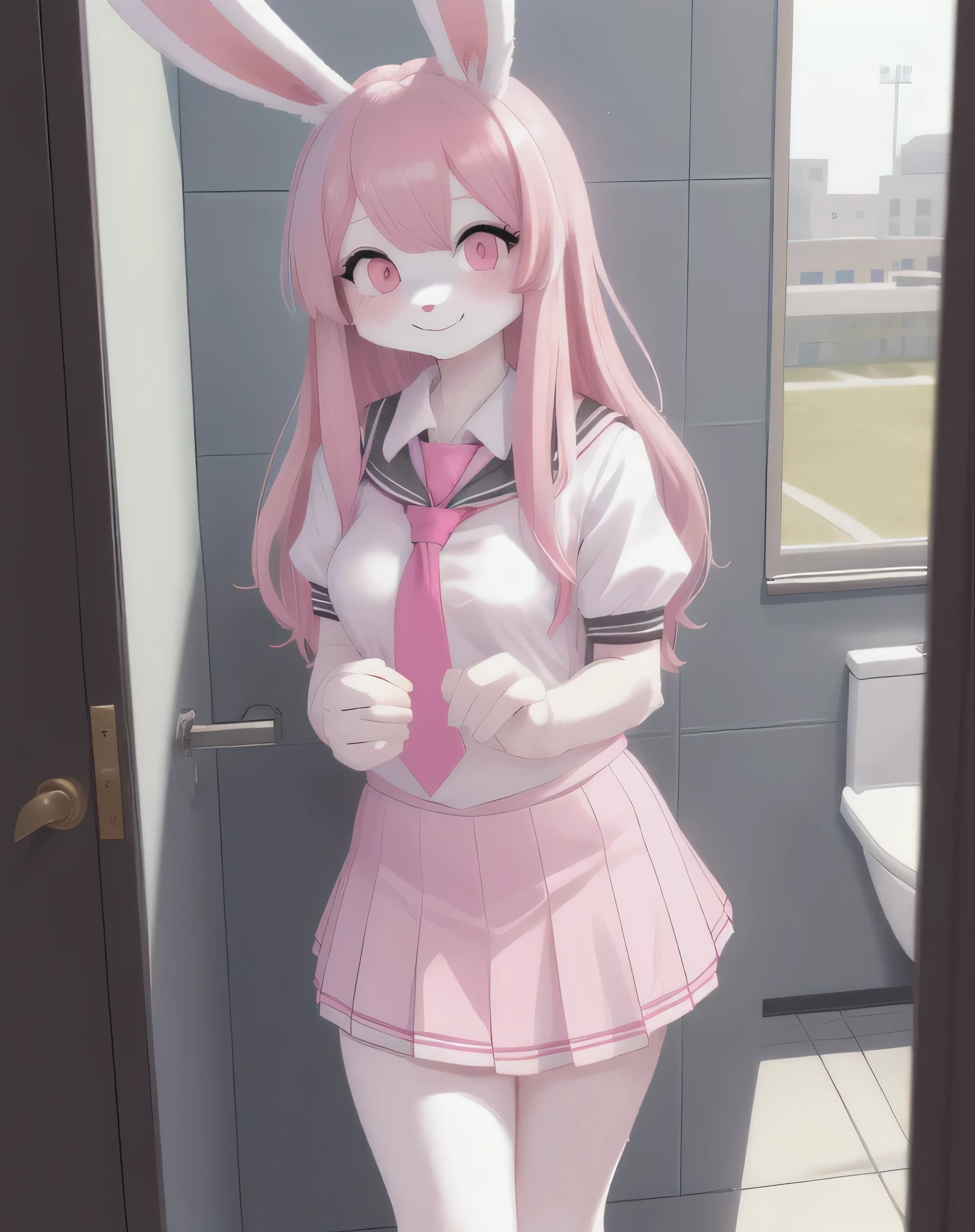 1bunny, (Feminine), hot body, solo, smile, masterpiece, school black bathroom, scenery, (female bunny:1.2), ((entire body white fur over skin)), ((long pink hair)), pink eyes, (wearing japonese high school uniform), ((high colors))