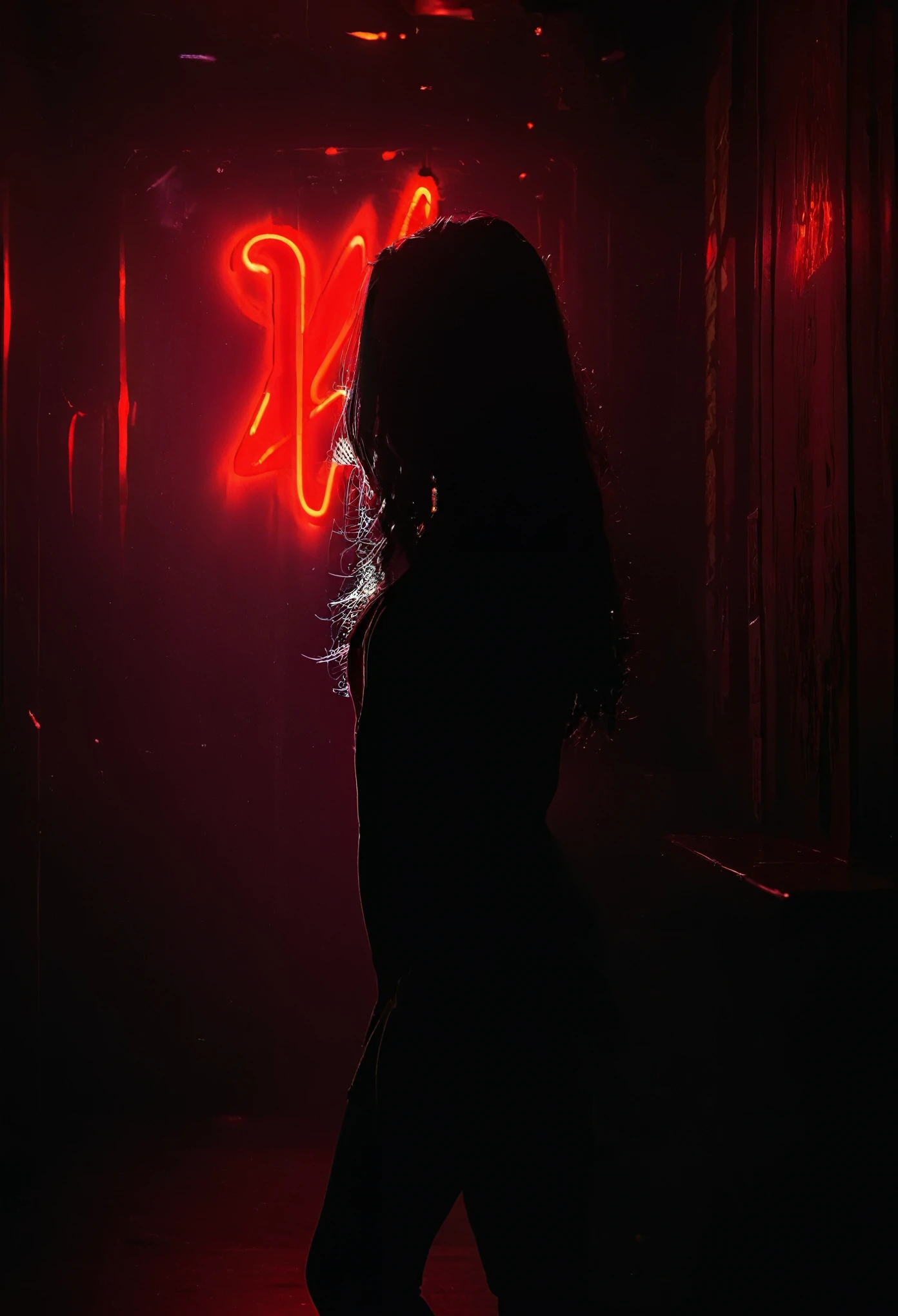 A silhouette of a young woman with long hair, standing in front of a glowing crimson red neon sign, casting a dramatic shadow against the dark background. The neon light illuminates her figure, creating a striking contrast and an edgy, mysterious atmosphere