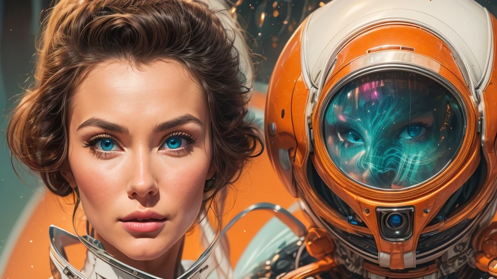 arafed image of a white woman in a futuristic suit with a spaceship in the background, movie art, in front of an orange background, inspired by Robert McGinnis, female protagonist, megastructure in the background, portrait of an ai astronaut, astronauts, an astronaut, portrait of a astronaut skeletor, perfect android girl, detailed eyes, perfectly detailed teeth, frank franzzeta and sakimichan  