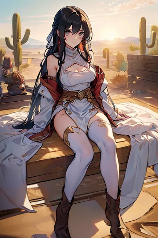((in a desert:1.5)), a matured woman with long hair and a white outfit, (resting in oasis:1.2), artwork in the style of guweiz, bodyesbian, fine details. girls frontline, beautiful anime illustration, from girls frontline, stunning, 21 years old, (solo:1.5), (sfw:1.25), beautiful breast, medium breasts, Amazing Cleavage, thin waist, big ass, Raised sexy, (dark mahogany medium long hair, updo, hair over one eye, asymmetric hair, Carly hair, low tied),(Headscarfs, hair bands, head vandage, Turban), (ultra high resolution, 8K RAW photo, photo realistics, weak outline:1.3, clear focus), best qualtiy, natural lighting, field depth, (Bright pupils, detailed beautiful eyes, high detailed face), Red lip, looking at viewers, (tight focus:1.2, from below), sexy posing, seductive weak smiling, center image, (wearing white long jacket and clothes, wearing short pants, gold ornaments, white clothes rolling around waist, camel-brown long leather boots, translucent lace pantyhose), ((correct anatomy:1.5)), ((outdoor:1.2)),
