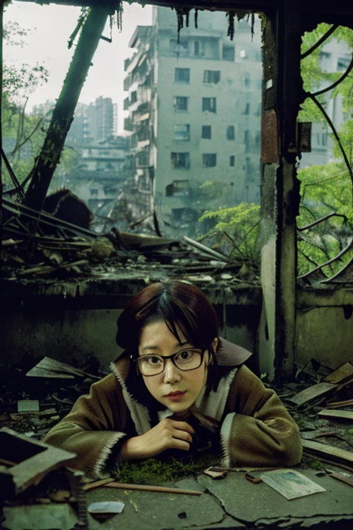 City,moss,Collapse,Devastation,Inside the ruins is narrow,Showa,Glasses,Women,adventure,Black and White,