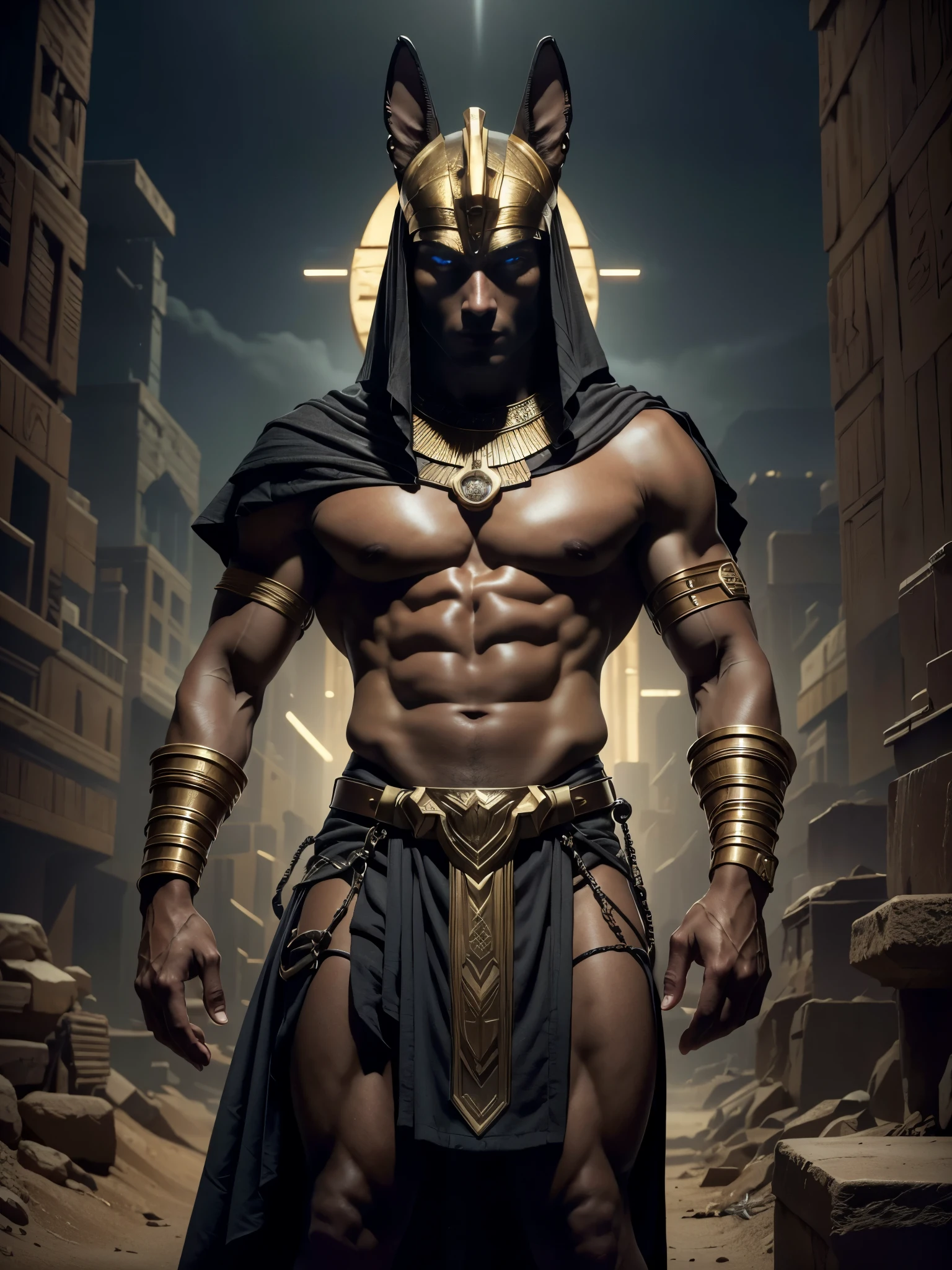 Photorealistic, ((best quality)), ((masterpiece)), (detailed), Egyptian god Anubis, masculine portrait of god Anubis, personification of Anubis, (evil look:1.2), 18-year-old male model, handsome, tall, cute looking, evil look, dark look powerful, young male model, handsome mythical creature, super strong, muscular, fit, massive muscles, six pack, clean shave, blue eyes. (short straight brown hair:1.4), short messy hair, messy wavy hair, shirtless, barechested, muscle, ripped, strong body, fit body, ancient linen eqyptian small skirt, (antique black linen raped cloth skirt:1.3) (Dark background) 8k, high detailed, ultra-detailed, Stylish Pose, real skin texture, dark cinematic lighting, (Emerging from the desert sand:1.4) sand storm, desert dunes, with a threatening attitude.