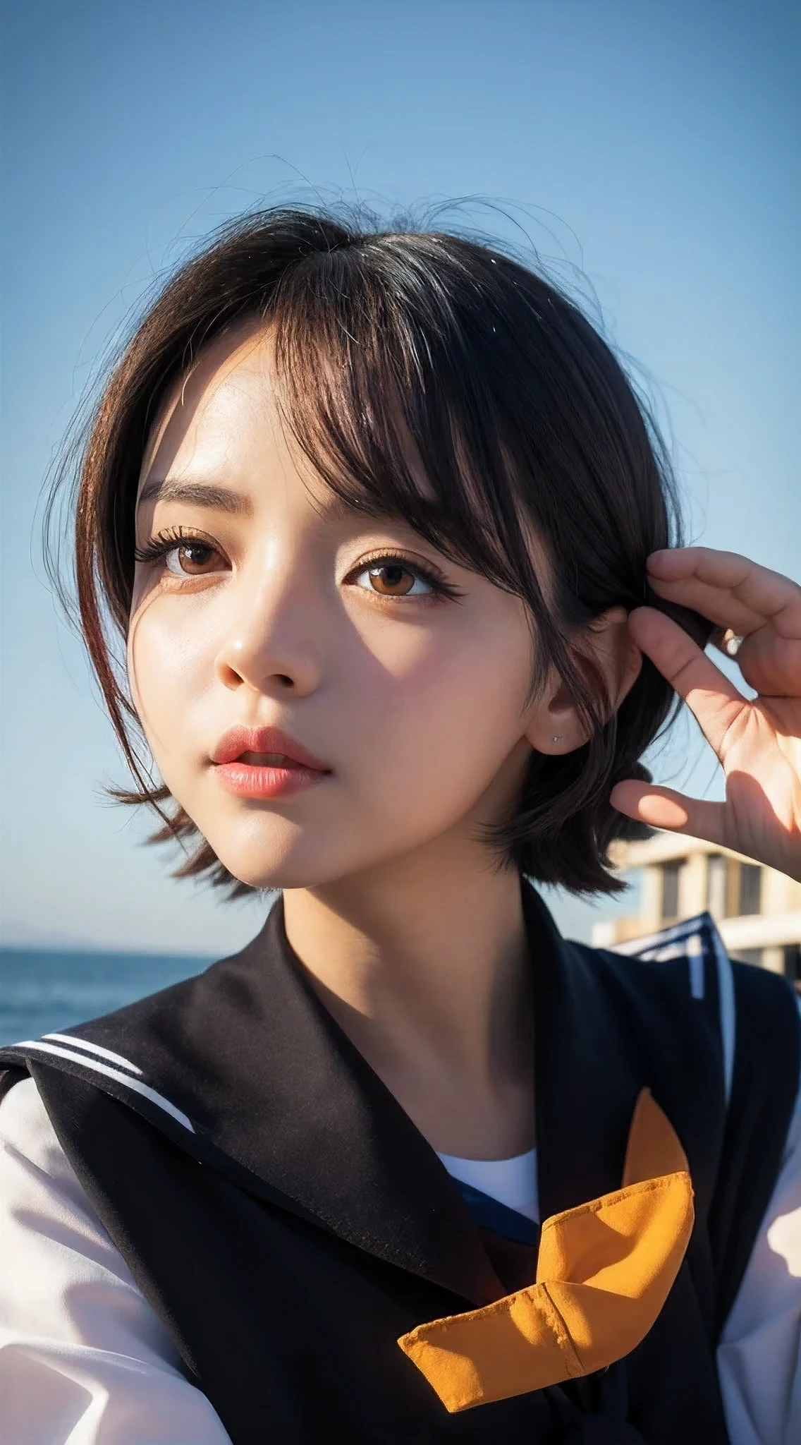 (Hassleblad H6D-400c), (medium format image),(dreamy),(400 mega pixels),(photorealistic:1.4),(RAW photo:1.2),(8k),(masterpiece:1.3),(realistic),(hyper-realistic),ultra-detailed,illustration,(very_high_realistic:1.5),(very_high_resolution:1.5),HDR,CG,unity,8k wallpaper,Amazing,finely detail,official art,extremely detailed CG unity 8k wallpaper,(best quality),incredibly absurdres,ultra-detailed,light on face,cinema lights,cinematic lighting,professional lighting,photon mapping,radiosity,physically-based rendering,solo focus,sharp focus,highres,extremely detailed,extremely delicate and beautiful,intricate detail,facial muscles,beautiful detailed girl,natural makeup,extremely detailed face,looking away,(embarassed,smile, happy, grin, flustered:0.3),japanese girl,((solo)),(very short black hair with bangs),(finely detailed beautiful AMBER Black eyes: 2),symmetrical pupils,extremely detailed pupils,lustrous skin,show Clavicle, perfect skin,(medium_breasts:1.3),slim body,narrow waist,Proper body proportion,perfect body,((sailor uniform:1.5)),