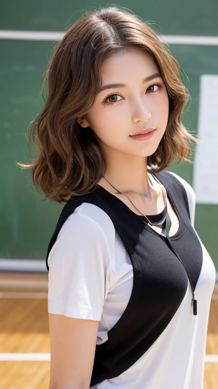 highest quality,Best image quality,Ultra-high resolution,8k,Hyperrealism,High saturation,Realistic,Photorealistic Stick,(Accurate anatomy:1.2),Written boundary depth,Ideal body,Japanese,24 year old beautiful girl,cute,cute笑顔,A kind smile,(A little brown hair:1.2),(Medium short hair with loose waves:1.2),(Droopy eyes:1.2),(Beautifully detailed round eyes:1.2),rather thin lips,slightly thick lips,C cup breasts,Small breasts,Feminine waist,Round ass,Big Ass,Realistic Skin,Sunburned skin,Wheat peel,Highly detailed face and skin texture,Glowing Skin,height: 166cm,(The whole body is visible:1.2),(female teacher:1.4),(A woman is holding a whistle:1.2),(Standing in front of high school students:1.4),(1 female、10 men:1.4),(During physical education class:1.2),gym,(Black sweatpants:1.2),(White T-shirt:1.2),(Simple Necklace:1.2),Basketball coach