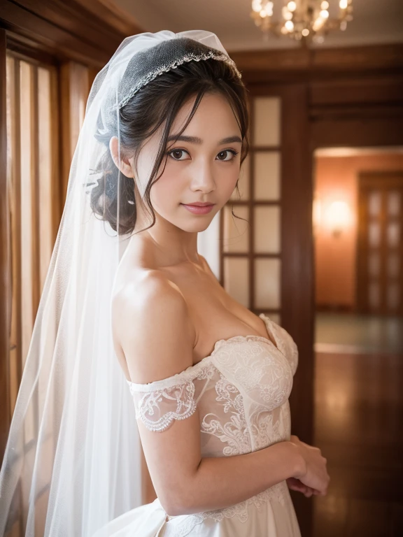 Young girl in wedding dress and updo, Off-shoulder neckline, and a long veil. her face is young and innocent, small breasts. She looks at the camera with a playful expression. Detailed artwork with vivid illustrations, Realistic colors, Capture every detail. The medium of digital painting, Guaranteed best quality and high resolution (4K or 8K). soft and romantic lighting, creating a dream-like atmosphere. The overall color is warm and gentle................, Highlight the joy and beauty of your wedding scene.frontage、full body Esbian、A smile