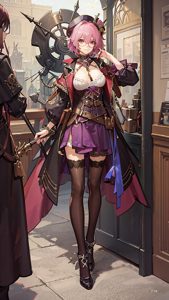 best quality, masterpiece, fuchsia_hair, steampunk_dark_glasses, noble_steampunk_dress, looking_down, full_body, hair_strand, Fair_skin, short_hair, fantasy_spear, arrogant_smile