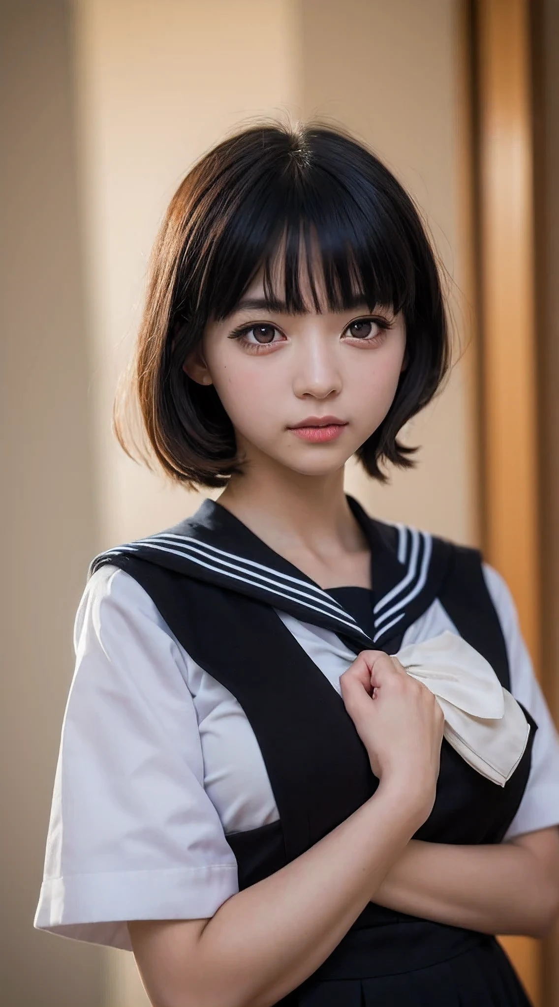 (Hassleblad H6D-400c), (medium format image),(dreamy),(400 mega pixels),(photorealistic:1.4),(RAW photo:1.2),(8k),(masterpiece:1.3),(realistic),(hyper-realistic),ultra-detailed,illustration,(very_high_realistic:1.5),(very_high_resolution:1.5),HDR,CG,unity,8k wallpaper,Amazing,finely detail,official art,extremely detailed CG unity 8k wallpaper,(best quality),incredibly absurdres,ultra-detailed,light on face,cinema lights,cinematic lighting,professional lighting,photon mapping,radiosity,physically-based rendering,solo focus,sharp focus,highres,extremely detailed,extremely delicate and beautiful,intricate detail,facial muscles,beautiful detailed girl,natural makeup,extremely detailed face,looking away,(embarassed,smile, happy, grin, flustered:0.3),japanese girl,((solo)),(very short black hair with bangs),(finely detailed beautiful AMBER Black eyes: 2),symmetrical pupils,extremely detailed pupils,lustrous skin,show Clavicle, perfect skin,(medium_breasts:1.3),slim body,narrow waist,Proper body proportion,perfect body,((sailor uniform:1.5)),