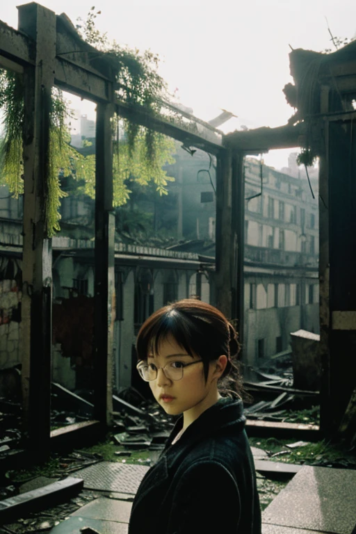 City,moss,Collapse,Devastation,Inside the ruins is narrow,Showa,Glasses,Women,adventure,Black and White,