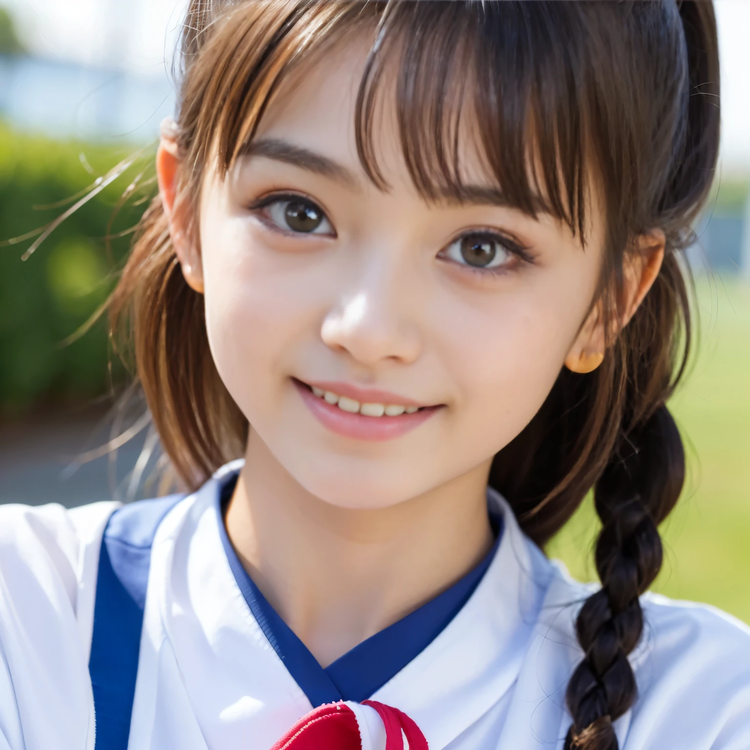 Best-quality, Masterpiece, Ultra-High-Resolution, (Photorealistic:1.4), Raw-Photo, 1girl, the most famous Japanese idol, wearing track and field loose-uniform, (extremely cute face, ((extremely cute and extremely big eyes)), extremely cute hairstyle, extremely cute eyelashes, extremely cute lips, (extremely beautiful skins)), innocent-smile