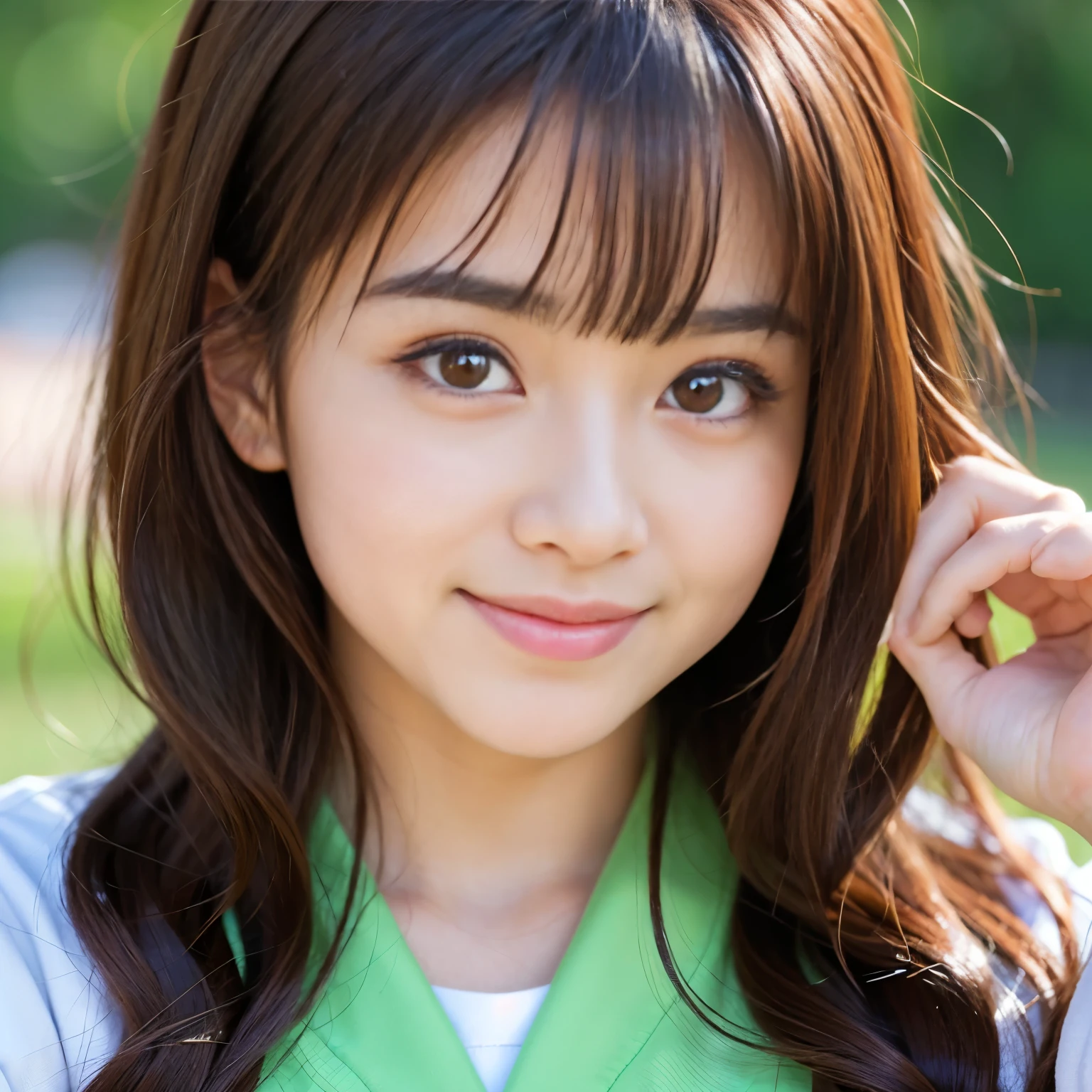 Best-quality, Masterpiece, Ultra-High-Resolution, (Photorealistic:1.4), Raw-Photo, 1girl, the most famous Japanese idol, wearing track and field loose-uniform, (extremely cute face, ((extremely cute and extremely big eyes)), extremely cute hairstyle, extremely cute eyelashes, extremely cute lips, (extremely beautiful skins)), innocent-smile