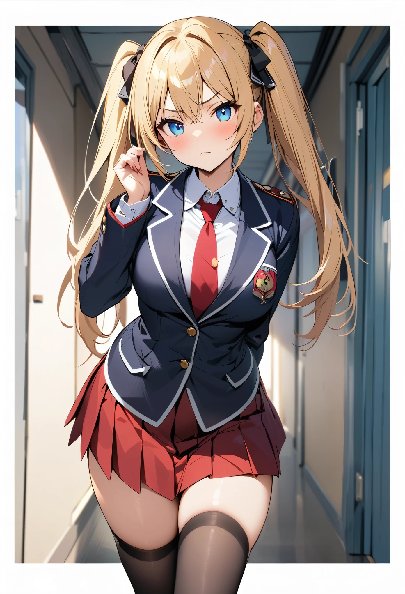 masterpiece, highest quality, Very detailed, High resolution, Expensive resolution, anime school girl, 1girl, blonde hair, blue eyes, twintails, medium breasts, medium hips, black blazer, red pleated skirt, frown, looking at viewer, standing in school hallway